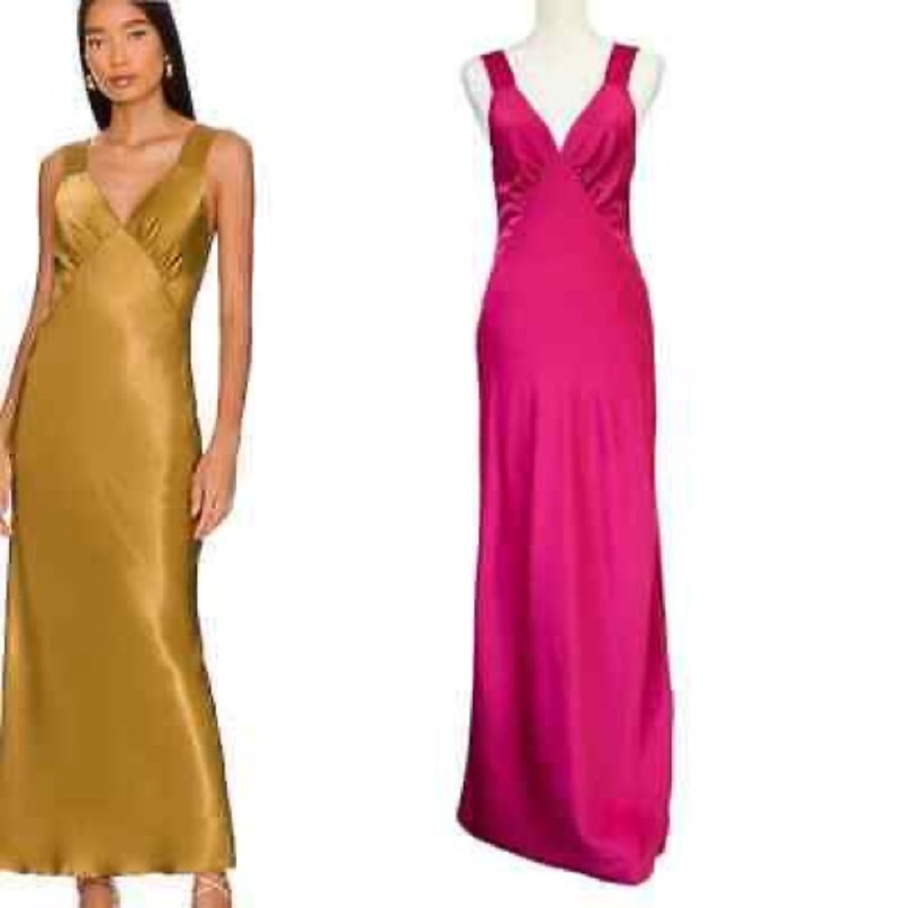 House of Harlow 1960 Satin V Neck Maxi Dress / Fuchsia Pink / Small